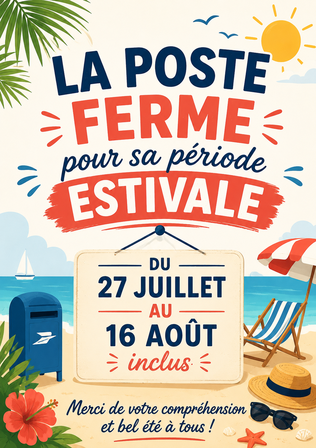 Fermeture de la poste du 27 juillet au 16 août inclus